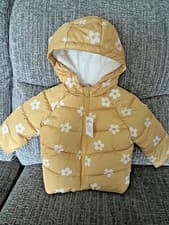 Image of F&F Baby Yellow Daisy Fleece Lined Puffer Jacket 6-9 Months Hooded Winter Coat