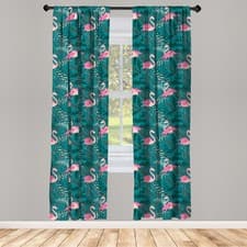 Image of Flamingo Curtains 2 Panel Set Tropic Birds on Leaves