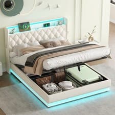 Image of Ottoman Storage Upholstered Double Bed Frame with Headboard Storage, LED & USB