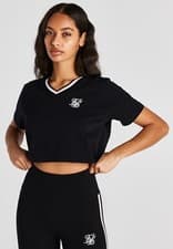 Image of SikSilk Womens Black Varsity V Neck Cropped Tee UK8 Extra Small