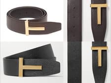 Image of Tom Ford T-Logo Gold Reversible Grained Leather Belt Reversible Belt 100