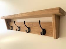 Image of Handmade Oak Coat Rack Shelf Natural Solid Wooden Entryway with Cast Iron Hooks