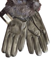 Image of NEW £50 BIBA WOMENS BLACK LEATHER GLOVES WITH FAUX FUR TRIM