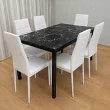 Image of Black Marble Effect Dining Table with 6 White Faux Leather Chairs