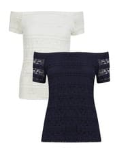 Image of Ex Dorothy Perkins Ladies Lace Bardot Top In White And Navy 8 10 12 14 16