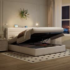 Image of Ottoman Storage Bed Frame 5ft King Size Bed with Headboard, Linen Fabric, Beige