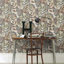 Image of Beige Multi Leaf Wallpaper Hand Painted Effect Metallic Thick Vinyl Heavy Weight