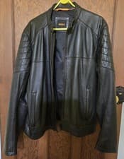 Image of Hugo Boss Black Leather Biker-Style Jacket Orange Label