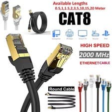 Image of RJ45 CAT8 ETHERNET CABLE 40GBPS NETWORK GOLD FLAT ROUND LAN LEAD SSTP PATCH LOT