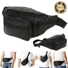 Image of Fanny Pack Black Genuine Leather Waist Bag Travel Carry On Pouch Belt Purse Lot