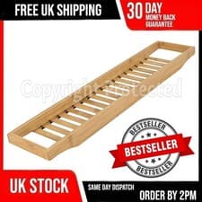 Image of BAMBOO OVER THE BATH RACK PLASTIC ACROSS SHELF CADDY TIDY STORAGE TRAY BATHROOM