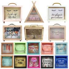 Image of Wooden Money Box Gift with Glass Frame Coins Savings Storage Piggy Bank