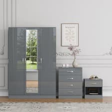 Image of 3 Piece High Gloss Bedroom Furniture Bedside Table Wardrobe Set Chest of Drawer