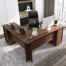 Image of Home Office Study Workstation L-Shaped Corner Computer Desk w/ Cabinet Brown