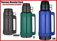 Image of Thermos Mondial 500ml 1L 1.8 Litre Glass Lined Vacuum Flask Black/Green/Blue