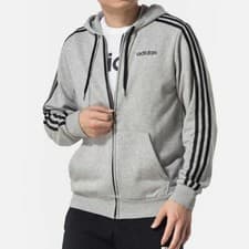 Image of Adidas Essential Mens 3-Stripes Full Zip Hoodie Grey French Terry UK S Genuine