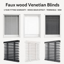 Image of Faux Wood Venetian Blinds With Tapes Window Trimmable White & Grey 50MM Slats UK