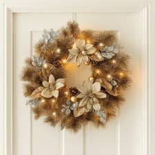 Image of Artificial LED Christmas Wreath Hanging Gold Home Xmas Decor Large Light Up 40cm