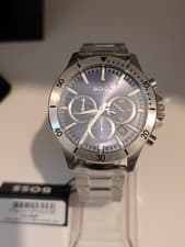 Image of HUGO BOSS Troper 1514069 Blue Dial Silver Steel Strap Chrono Mens Watch 45mm NEW