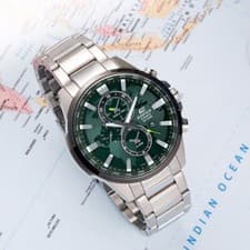 Image of NEW CASIO EDIFICE MENS WATCH GREEN DIAL STEEL SILVER BRACELET EFR-303DB-3AVUPR