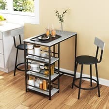 Image of Space-Saving Dining Table and Chairs Set for 2 with Storage Shelves, Light Grey
