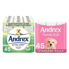 Image of Andrex Toilet Rolls x45 2 Ply Gentle Clean or Ultra Care Toilet Paper