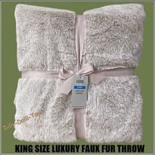 Image of Luxury Faux Fur Throw Large King Size 200cm 220cm Beige Blanket Thick Lined NEW