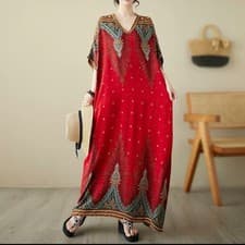 Image of Elegant Red  Abstract Print Maxi Kaftan Dress – Flowy Boho Summer Beach