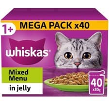 Image of 80 x 85g Whiskas 1+ Mixed Menu Mixed Adult Wet Cat Food Pouches in Jelly