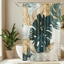 Image of EurCross Shower Curtain with Green Leaves, Water Resistant Fabric Shower Curtai