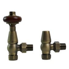 Image of Traditional Antique Design TRV Thermostatic Brass Angled Radiator Valves Pair