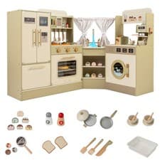 Image of COSTWAY Kids Corner Play Kitchen Pretend Play Kitchen Playset with Faucet