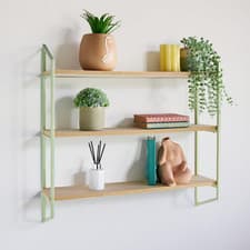 Image of Wall Hanging 3-Tier Shelf Wooden Shelves with Sage Metal Frame, Decor Display