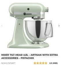 Image of New Kitchenaid MIXER TILT-HEAD 4.8L ARTISAN+EXTRA ACC-PISTACHIO 5KSM175PSBPT
