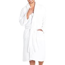 Image of Men's White Terry Cloth Bathrobe Soft Cotton Robe with Shawl Collar & Belt