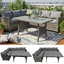Image of BIRCHTREE Rattan Furniture Set 5 Seater L-Shaped Corner Sofa Dining Black/Grey