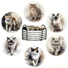 Image of Set of 6 Ceramic Cat Themed Coasters With Stand - Sale For Our Animal Charity A