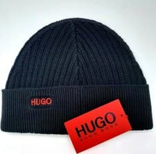 Image of Genuine HUGO BOSS Virgin Wool Black 'Dockyard' BEANIE Hat OSFA Tag 50435690 HB25