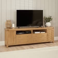Image of XXL Widescreen TV Unit Stand Marbury Oak Up to 100” TV Size Cabinet Furniture