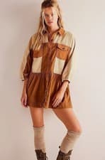 Image of Free People Wild Roads Mini Corduroy Dress Morning Oat Combo Size Small RRP £140