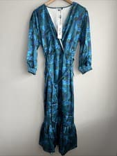 Image of Chi Chi London Satin Floral Print Wrap Midi Dress Green/blue Size UK 16 BNWT