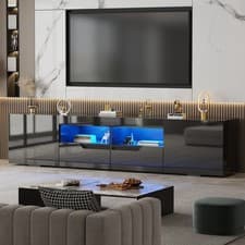 Image of 200cm White TV Unit Stand Cabinet w/LED Lights High Gloss Doors Drawer Storage
