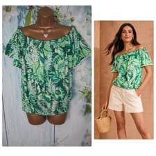 Image of New Next Love & Roses Green Tropical leaf Bardot Top Size 18 Off Shoulder Summer