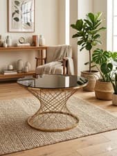 Image of Black Gold Coffee Table Tempered Glass Metal Legs Modern Living Room Furniture