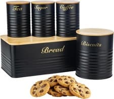 Image of 5pec Kitchen Bread Bin Storage Canister Set with Airtight Lids Tea Coffee Sugar