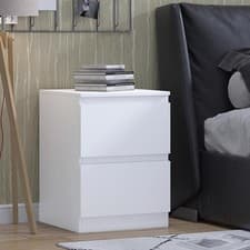 Image of Matt White 2 Drawer Bedside Handleless Deep Drawers Bottom Fixed Runners Modern