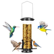 Image of Garden Bird Seed Feeder Wild Heavy Duty Metal Hanging Loop Flip Top Easy Fill