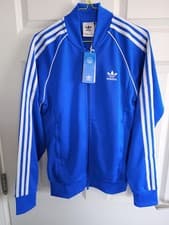 Image of Adidas SST Track Top mens Size Small Blue White 3 Stripes Full Zip Trefoil Logo