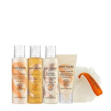 Image of Sanctuary Spa BODY WASH - BODY LOTION - BATH SOAK 75ml & HAND CREAM 30ml +Puff