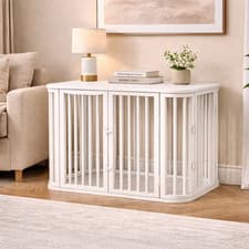 Image of Dog Crate Furniture Wooden Pet Cage Indoor Kennel Side Table Double Door White